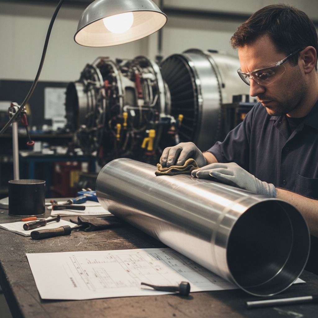 A man polishing a precision aircraft engine part such as a tube or duct or manifold. Make it a straight part, not curly.