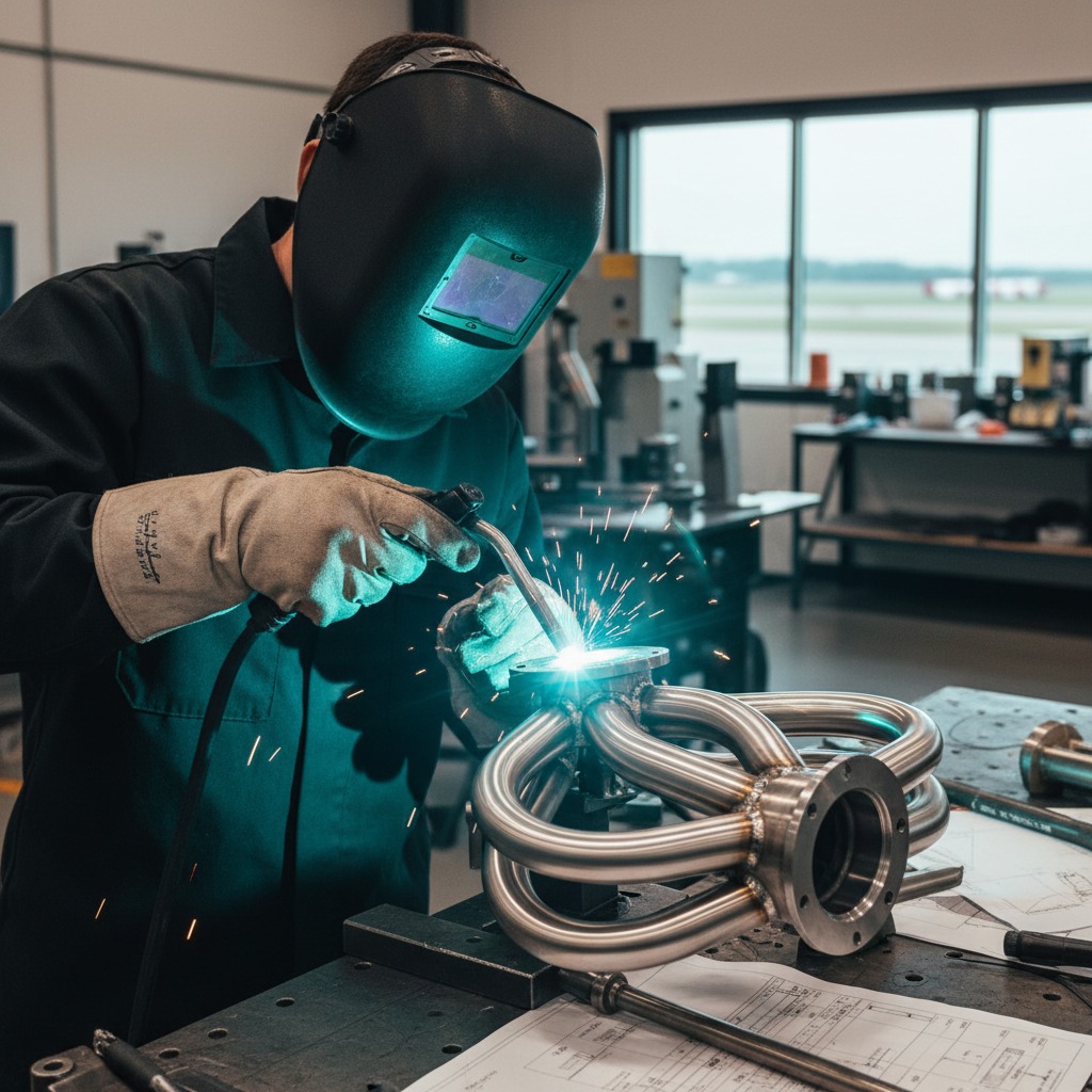 A man welding a precision aircraft engine tubular part such as a dact or manifold.